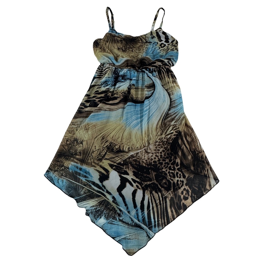 Y2K Ruby Rox Women's S Animal Print Handkerchief Hem Dress Blue Brown Whimsical